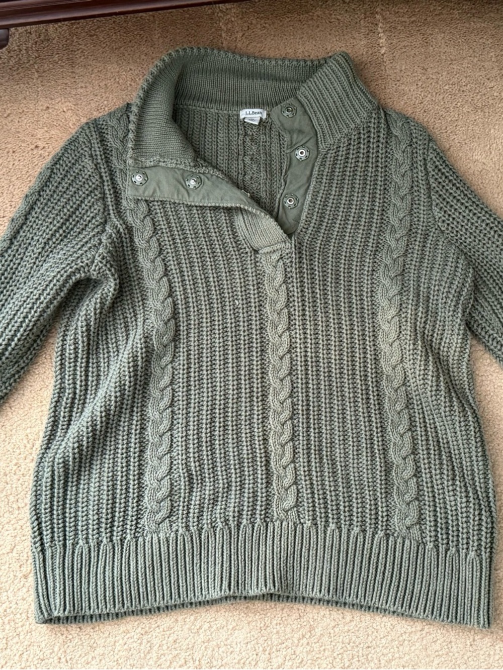 L.L. Bean Women's Olive Cable Knit Button-Shoulder Pullover